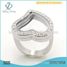 Hot wholesale silver crystal stainless steel floating heart locket rings fashion ladies finger ring jewelry